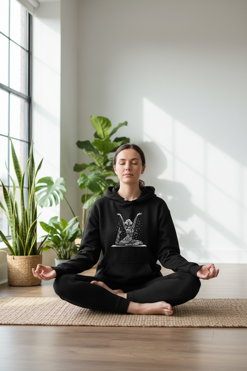 Black yoga lotus pose hoodie with front hood and centered chest illustration