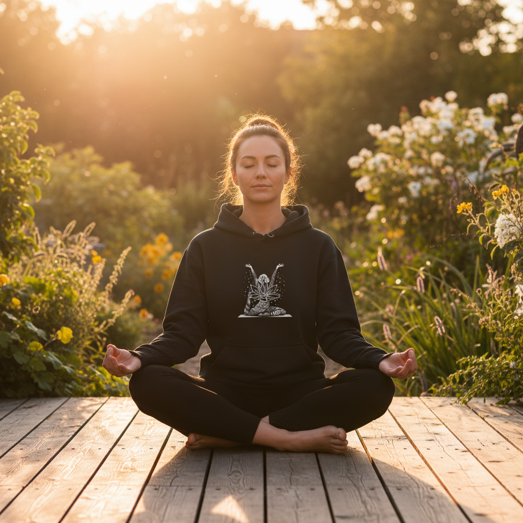 Black yoga hoodie with front pocket and lotus pose graphic on chest