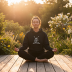 Black yoga hoodie with front pocket and lotus pose graphic on chest