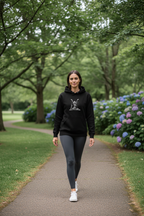 Black yoga lotus pose hoodie with front hood, long sleeves, and chest graphic