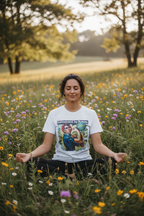 White T-shirt with nature-themed woman graphic on the chest
