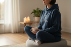 Navy yoga lotus pose hoodie with front hood and printed meditation graphic