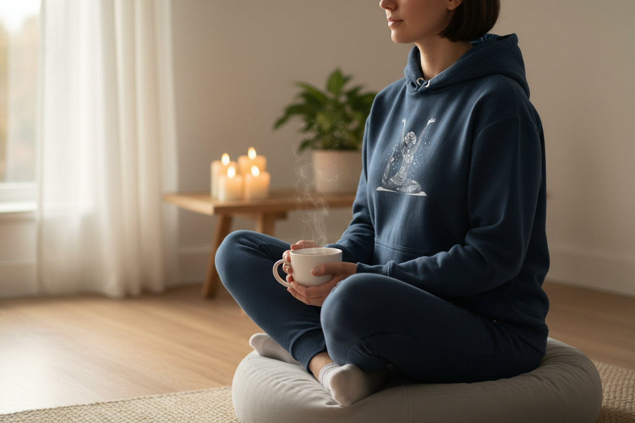 Navy yoga lotus pose hoodie with front hood and printed meditation graphic