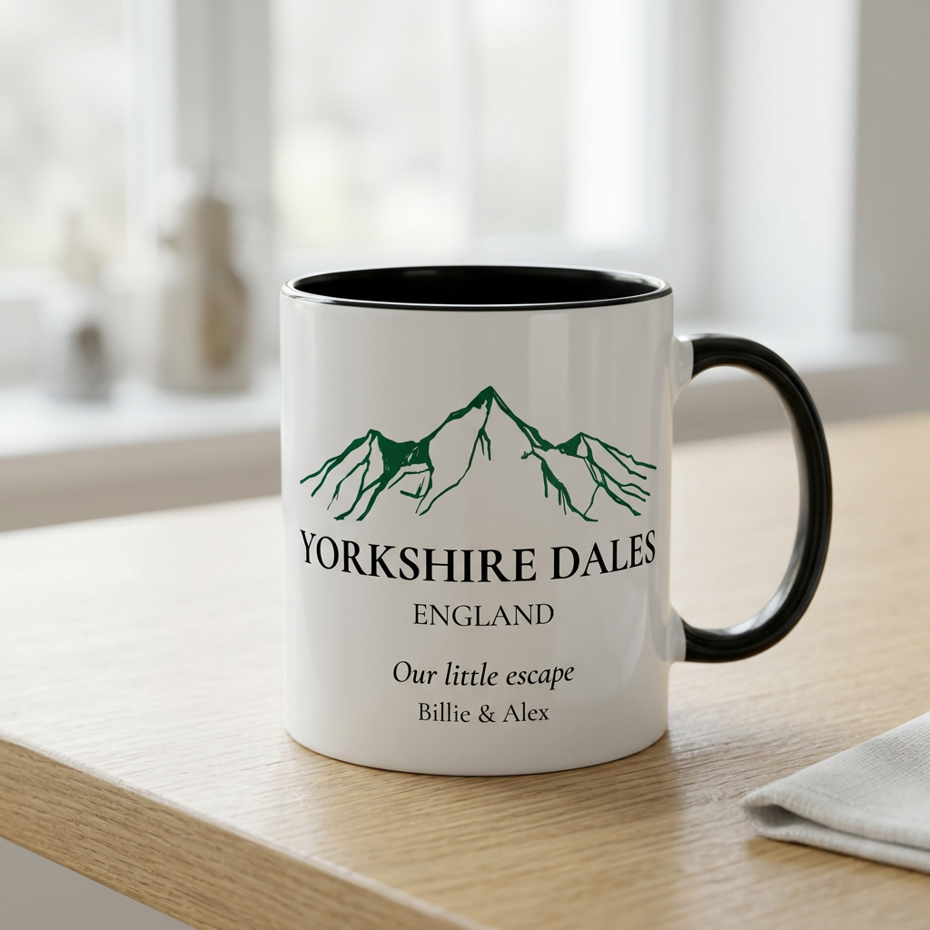 Yorkshire Dales mug with Our little escape and Billie & Alex on a pale oak table