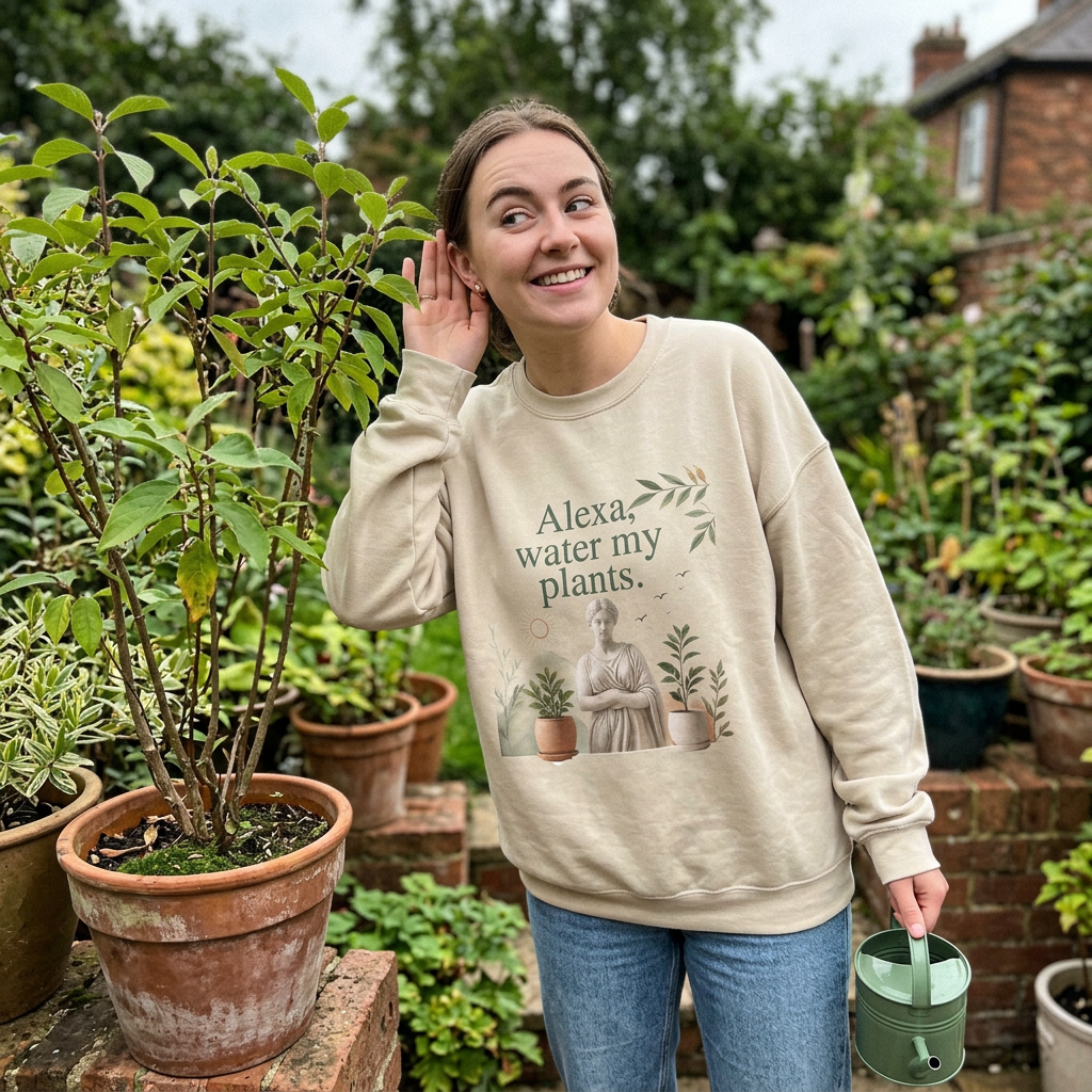 Sand sweatshirt with plant graphic and 'Alexa, water my plants' text, model with can