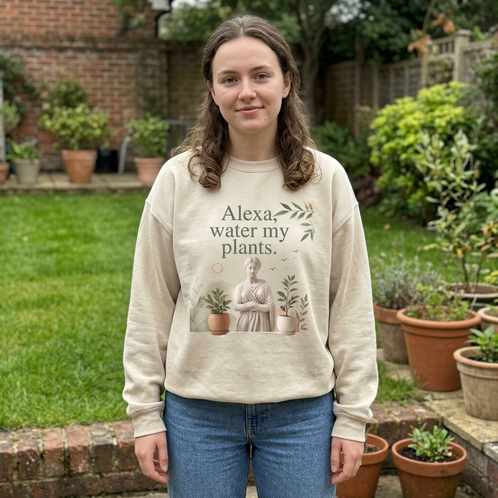 Sand sweatshirt with plant-themed graphic and 'Alexa, water my plants' text front