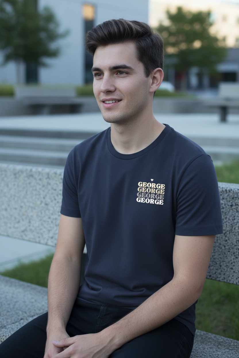 Navy T-shirt with repeated stacked white name text on the chest