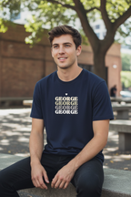 Navy T-shirt with stacked white name text centered on the chest