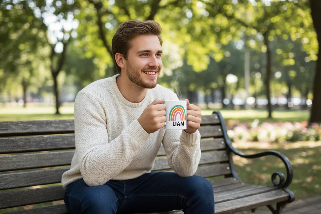 Personalised rainbow mug with name LIAM, held outdoors with a bench in view.