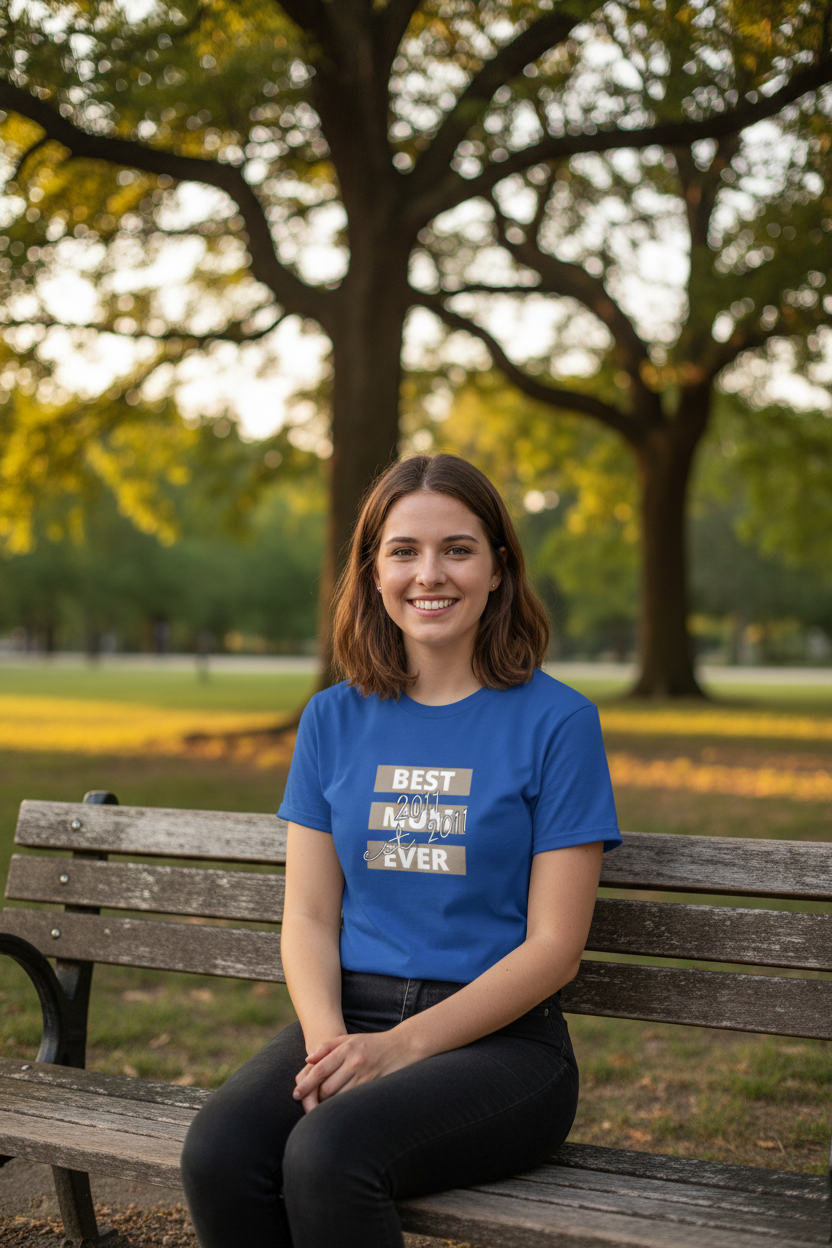 Young Mum on Park Bench - Blue Tee