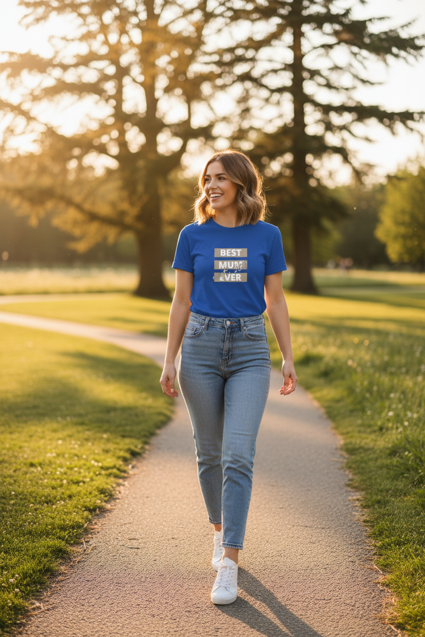 Young Mum Walking Outdoors - Blue Tee