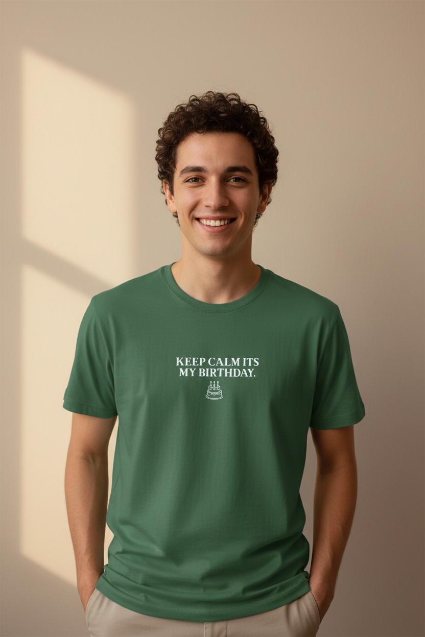 Green crewneck T-shirt with 'Keep calm my birthday' chest print
