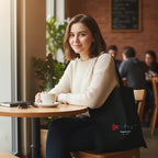 Black personalized rose tote bag with red rose print and 'Katie&Jake' text