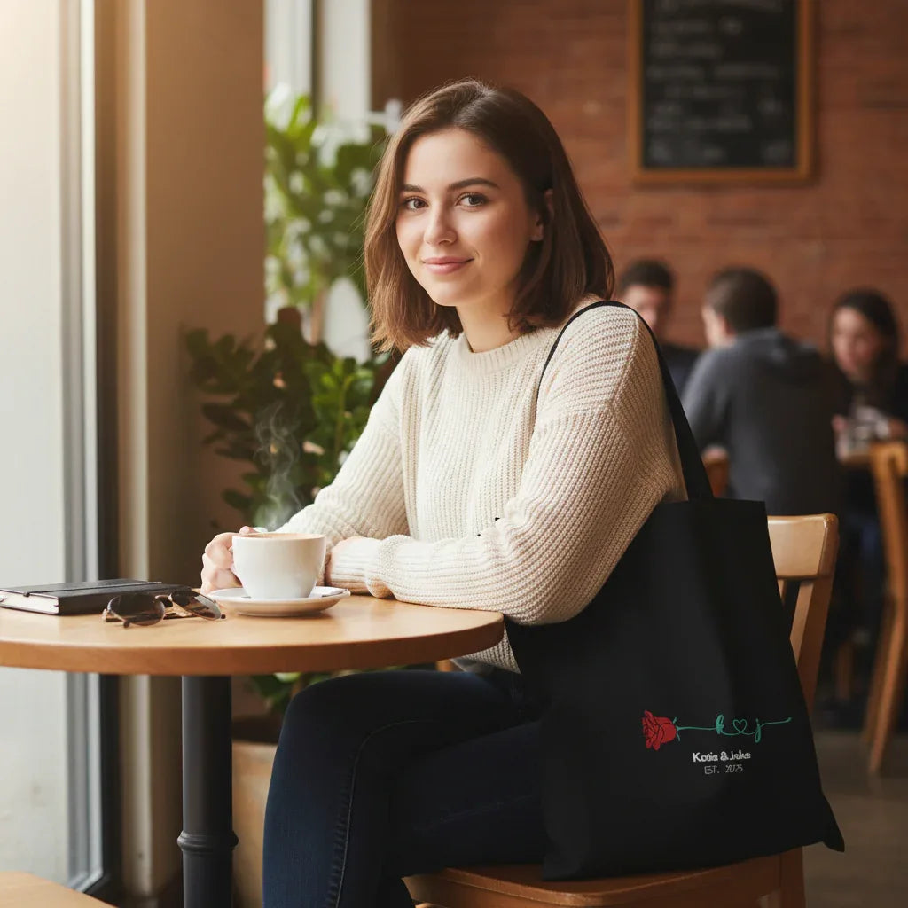 Black personalized rose tote bag with red rose print and 'Katie&Jake' text