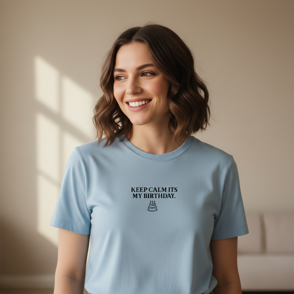 Light blue crewneck T-shirt with 'Keep calm my birthday' chest print