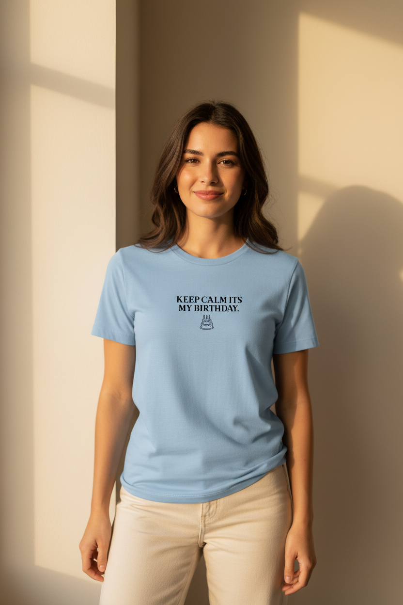 Light blue crewneck T-shirt with birthday slogan logo on chest