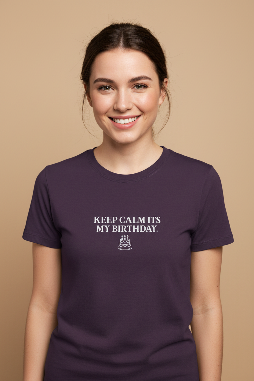 Purple crew-neck T-shirt with front graphic text "Keep Calm Its My Birthday"