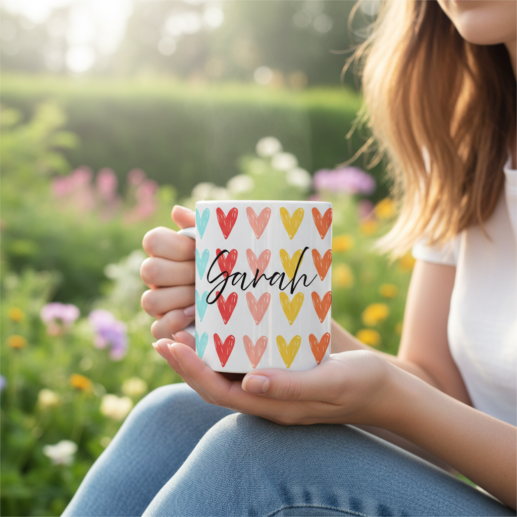 Young woman holding mug in garden - close up