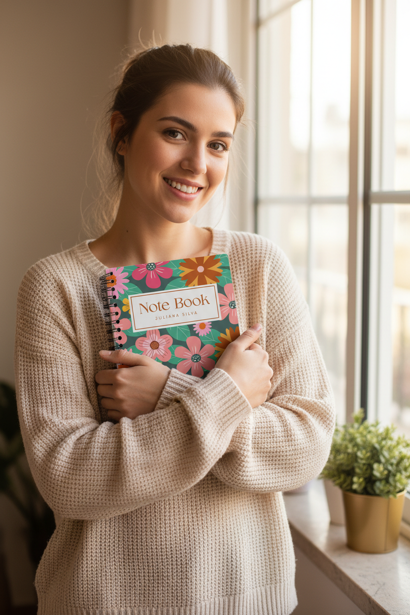 Young woman holding notebook smiling