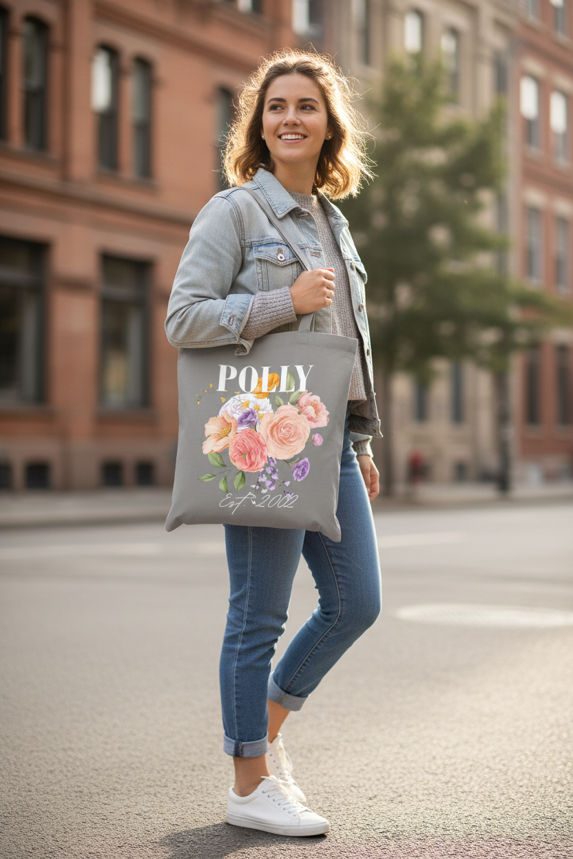 Young woman holding POLLY tote