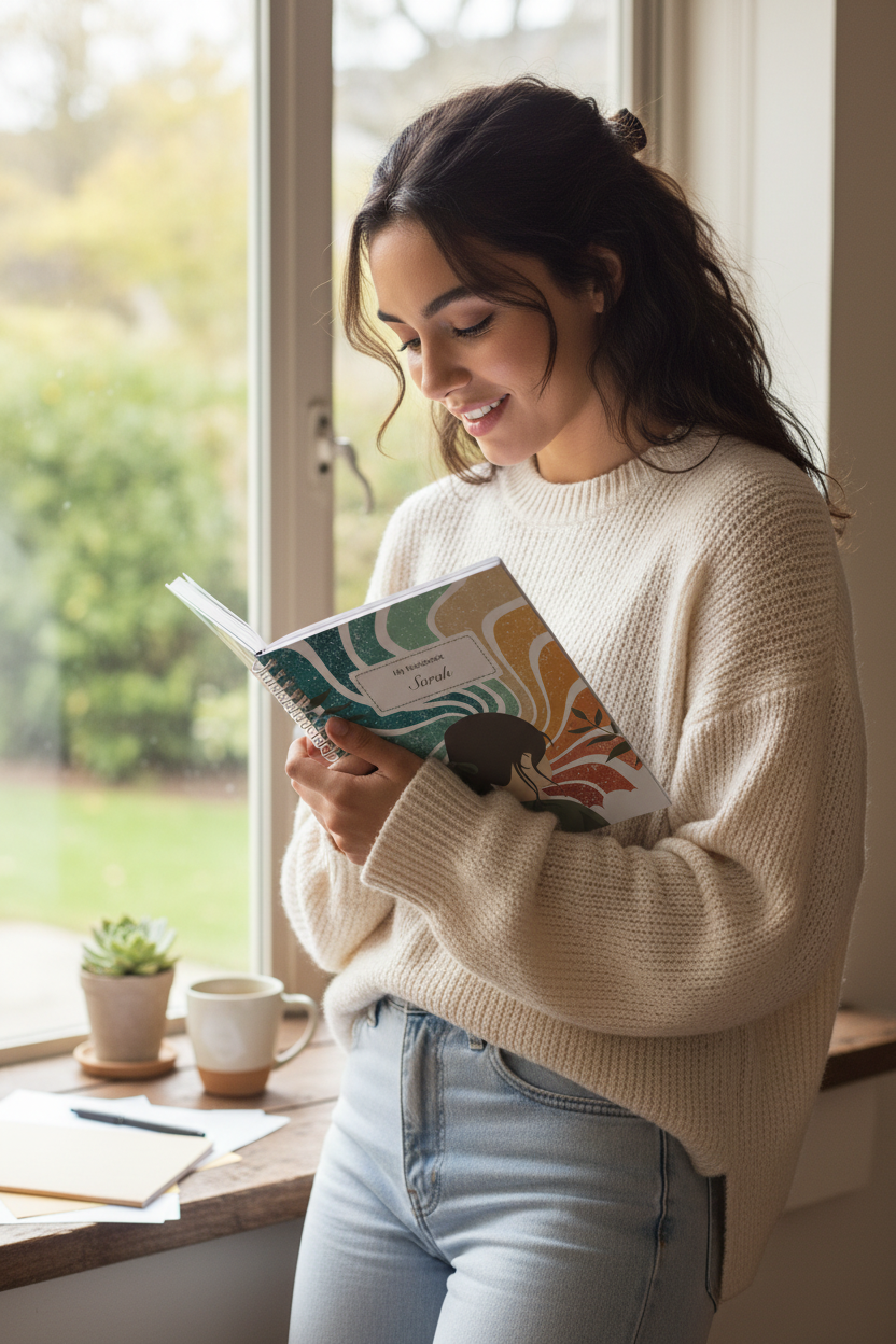 Young woman holding retro notebook near window
