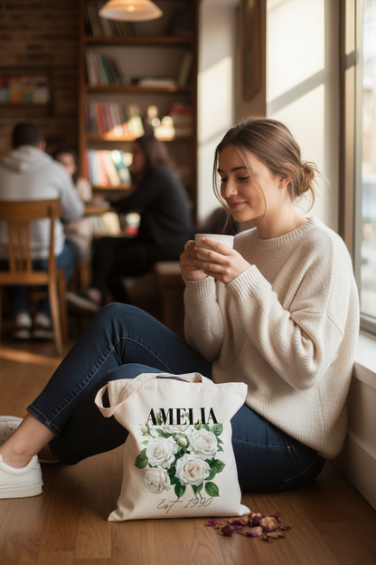 Young woman in cafe with smaller AMELIA tote