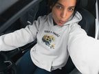 White hooded sweatshirt being worn, with sunflower skull graphic on the chest