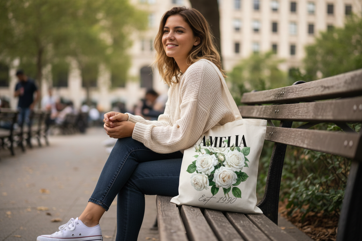 Young woman on bench with AMELIA tote