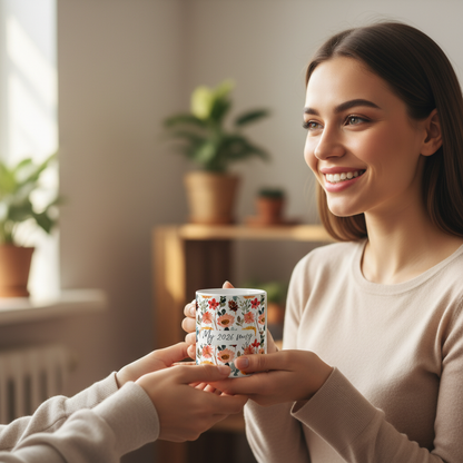 Young woman receiving the mug as a gift