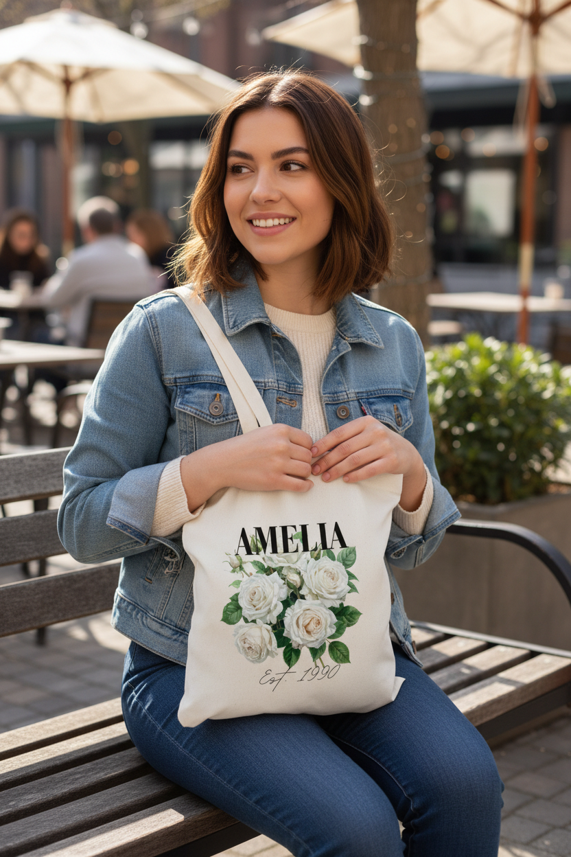Young woman sitting with smaller AMELIA tote