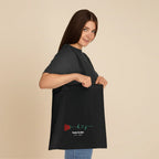 Black personalized rose tote bag with red rose print and 'Katie&Jake' text