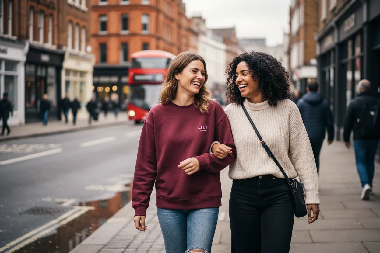 Burgundy crewneck sweatshirt with LILLY text on chest