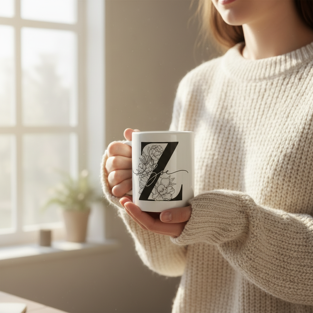 Personalised name mug with black floral initial and script name