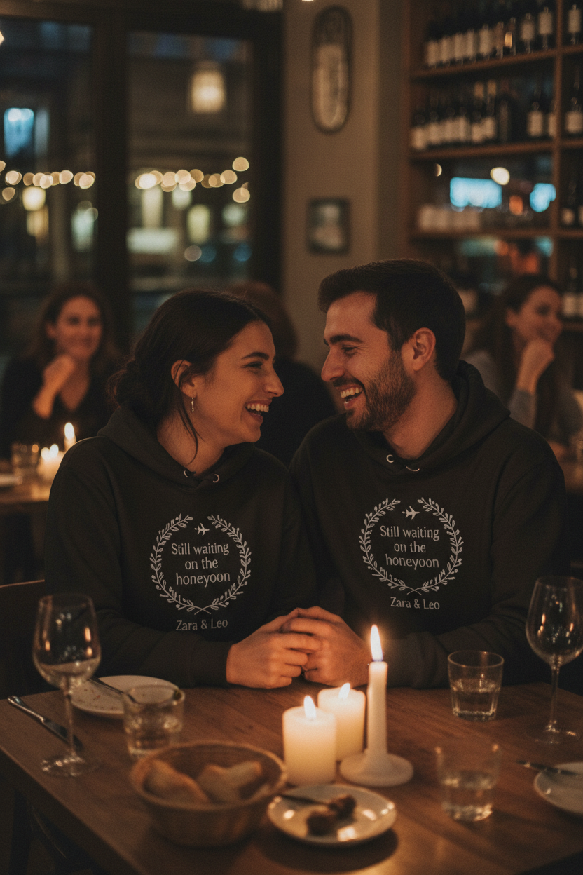 Couples hoodie worn in black with circular wreath print reading 'Still waiting on the honeymoon'