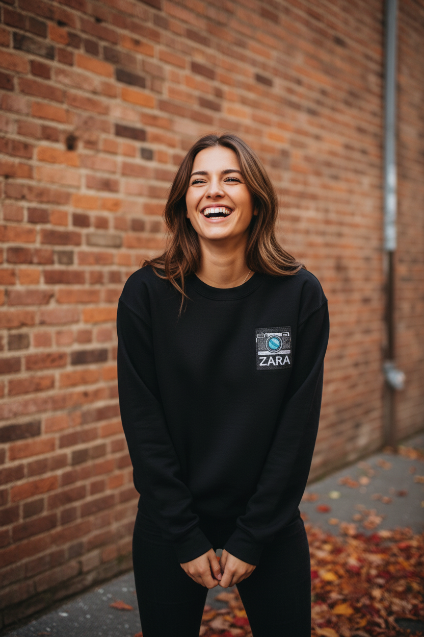 Black sweatshirt with embroidered camera patch and ZARA name on chest