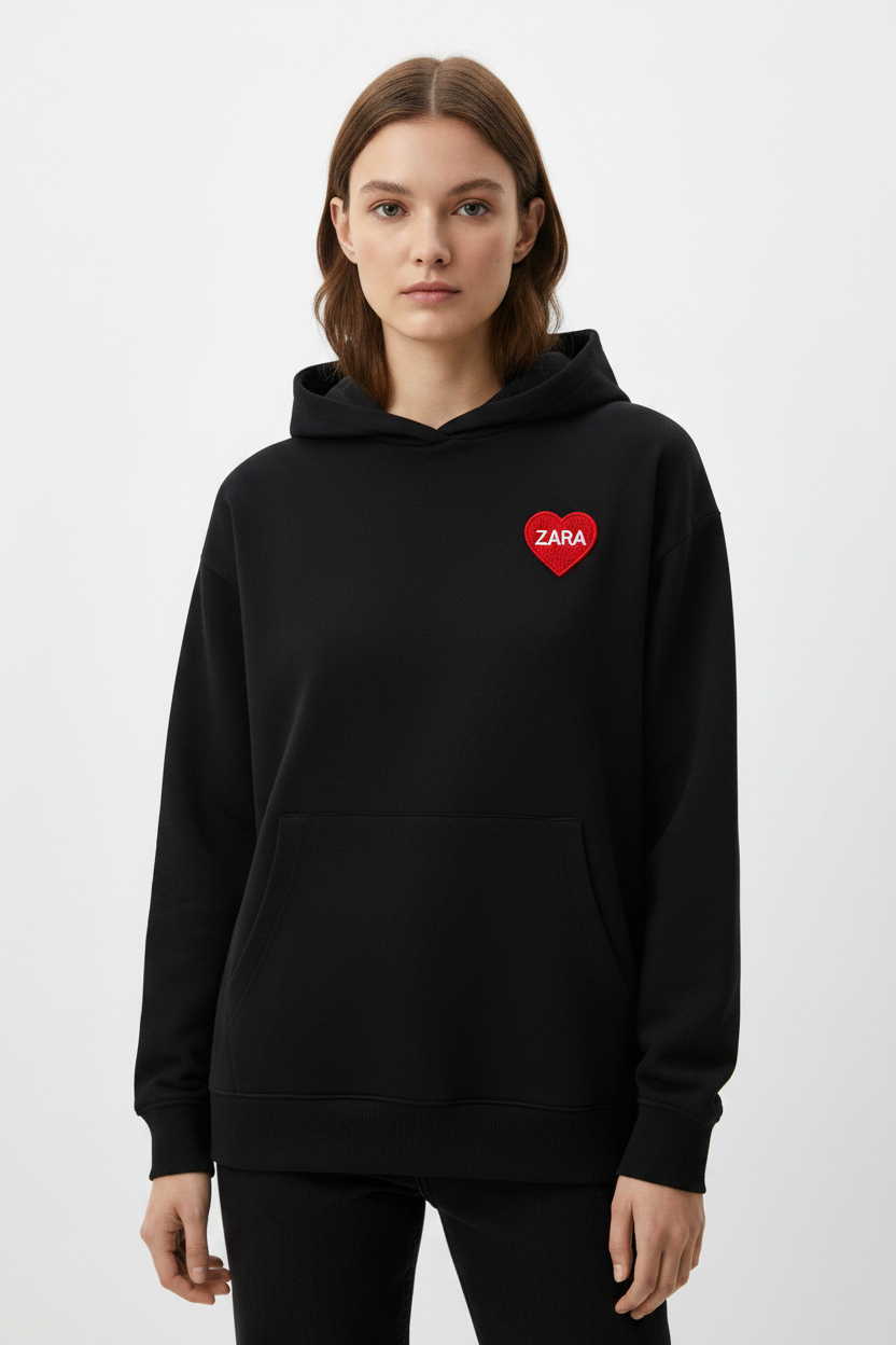 Black hoodie with heart name patch 'ZARA' on chest and front kangaroo pocket
