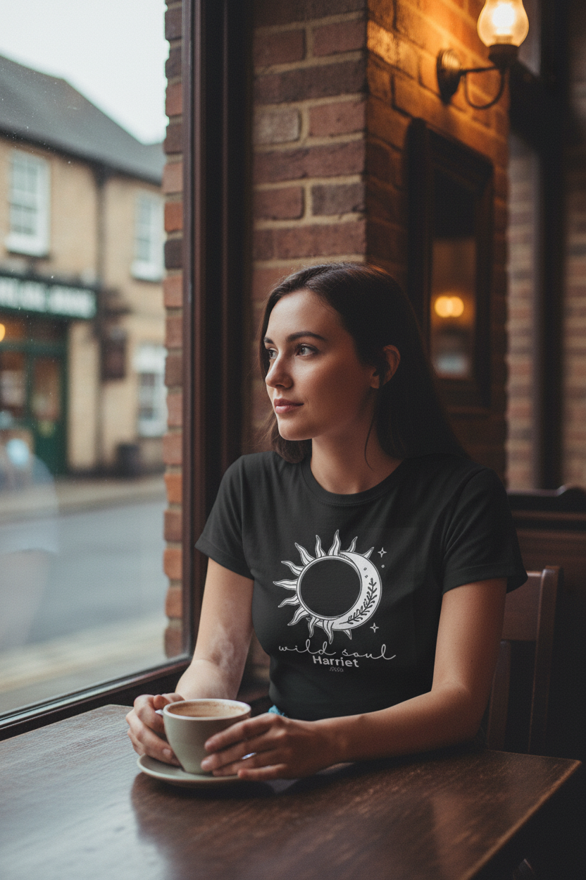 Black graphic T-shirt with sun-and-moon emblem and 'wild soul Harriet 2026'