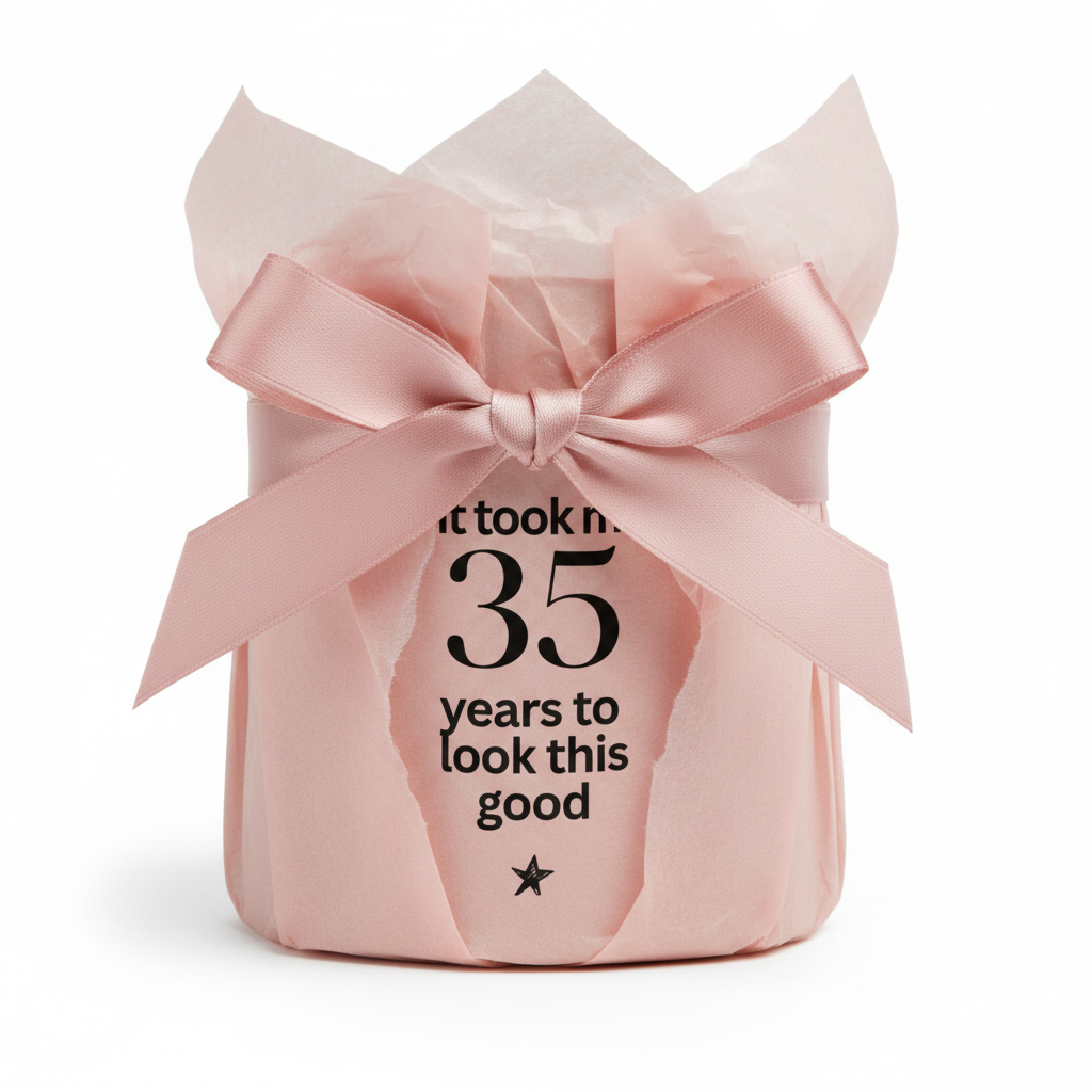 Pink gift-wrapped mug with large bow, crown icon and '35 years to look this good'