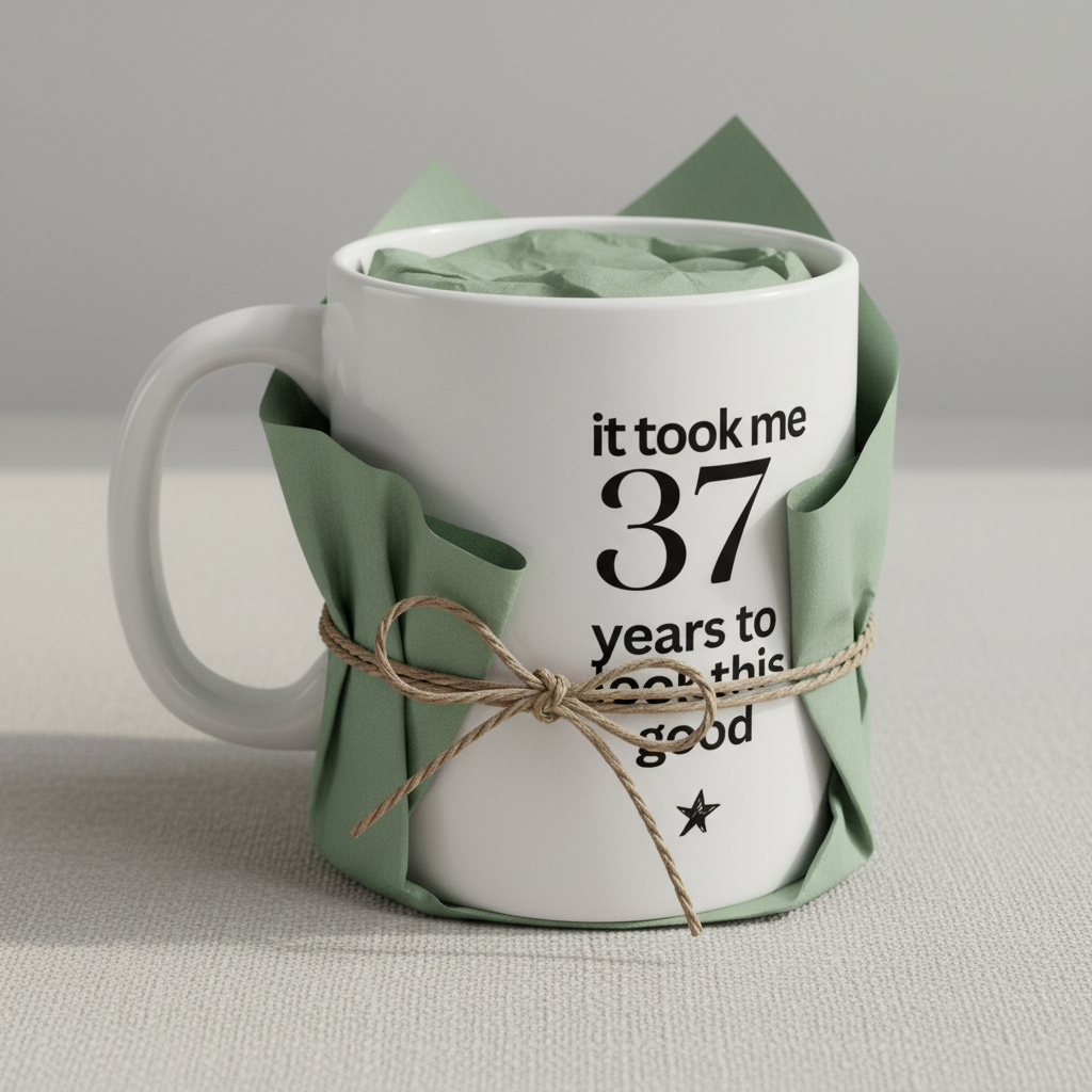 White mug with green ribbon wrap; text reads 'it took me 37 years to look this good'