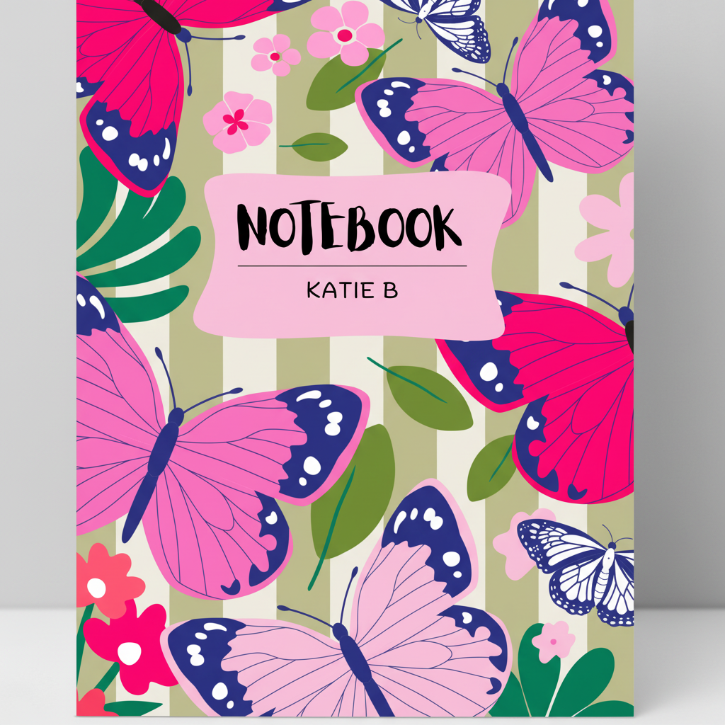 A5 spiral notebook cover close-up with label “KATIE B”