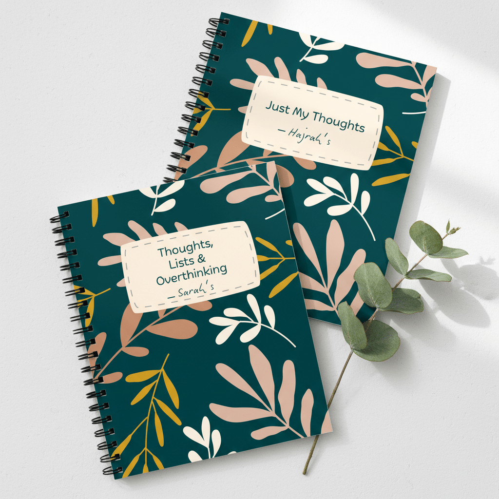 Teal spiral notebooks with botanical leaf covers and beige personalized name tags