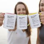 Personalised friendship mugs set, white with pink, green and yellow inner rims