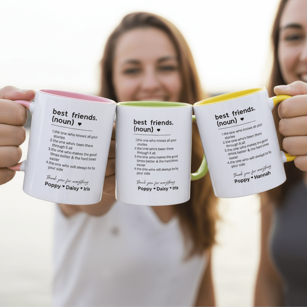 Personalised friendship mugs set, white with pink, green and yellow inner rims
