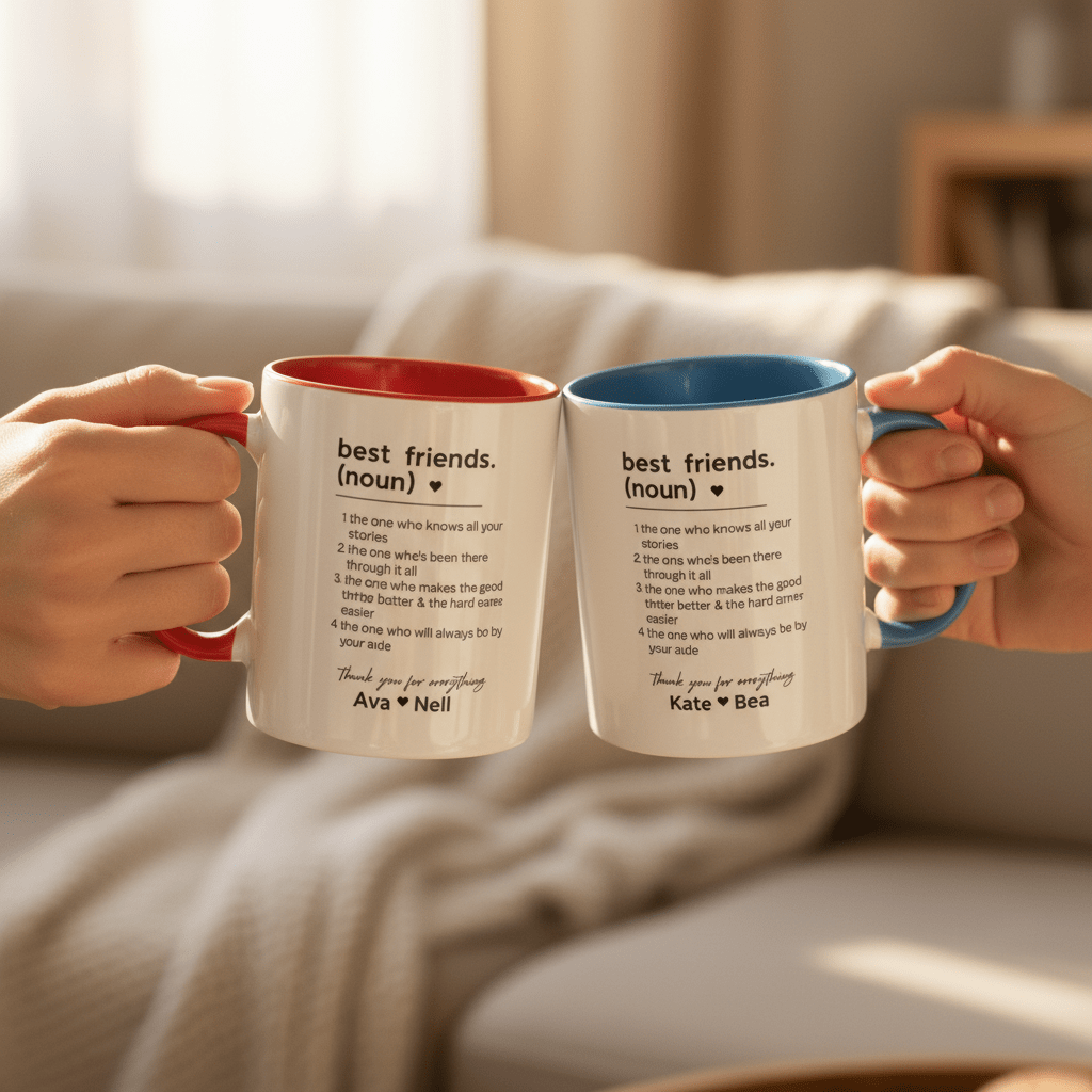 Personalised friendship mug set, white mugs with red and blue inner rims and names