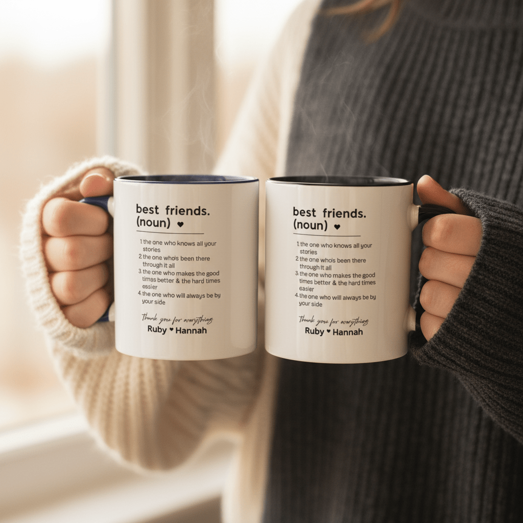 Personalised friendship mug, white with dark blue and black inner rims and names