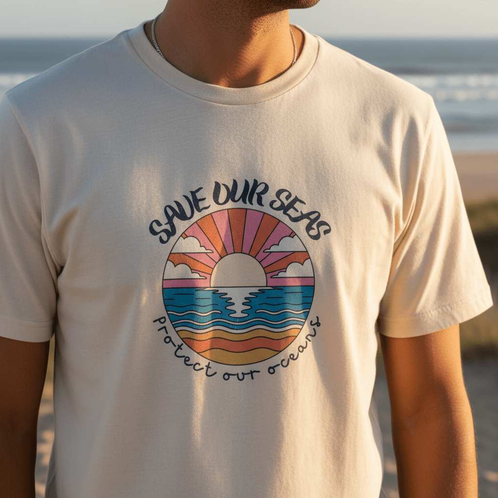 Save Our Seas T-Shirt | Retro Sunset Ocean Conservation Tee UK - AlleyCrafters
