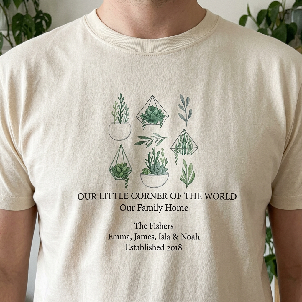 Natural botanical t-shirt with potted plant illustration and “Our Family Home” lettering