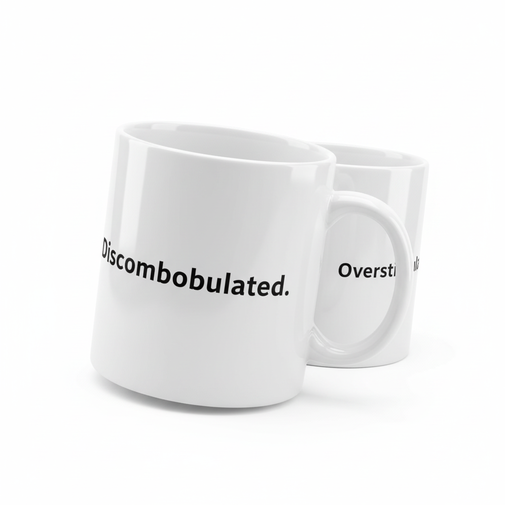 Zoomed-in mug showing Discombobulated and Overstimulated