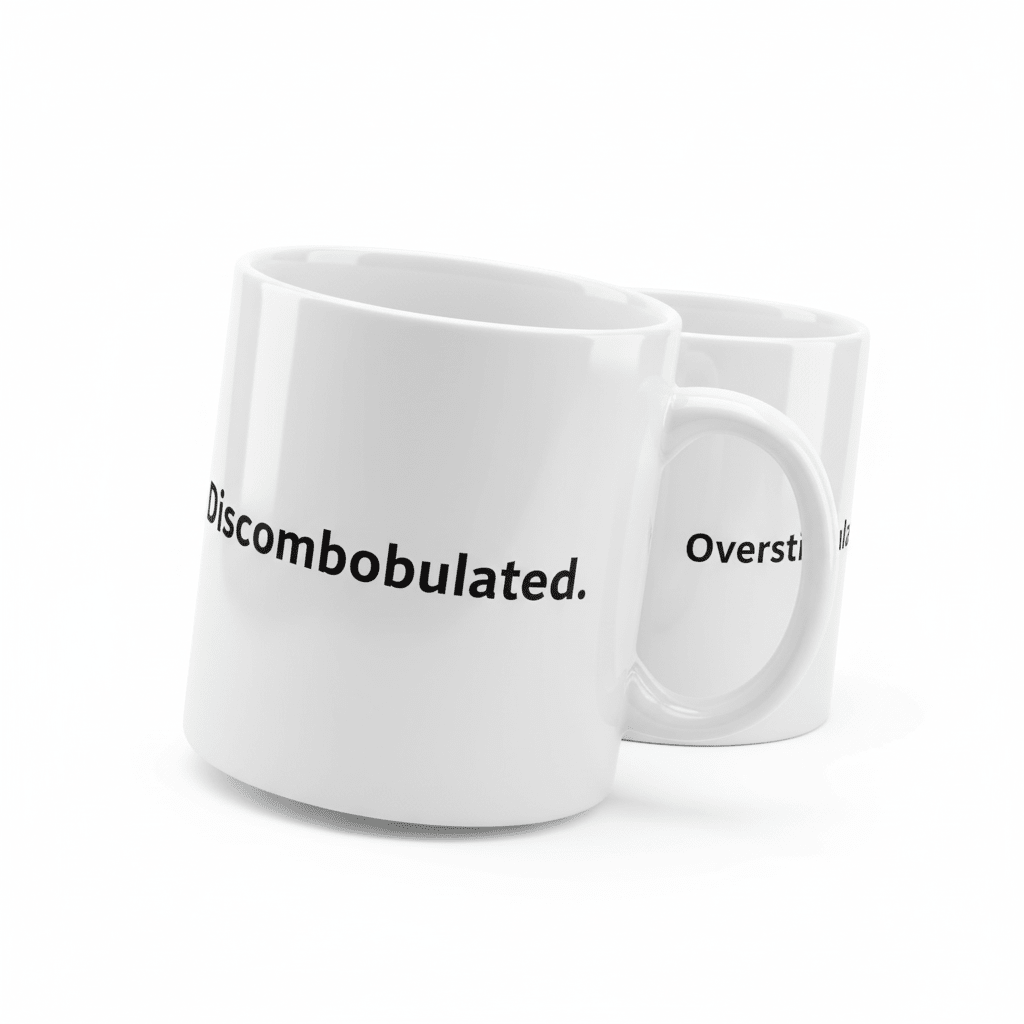 Two white mugs: one says “Discombobulated.”, the other says “Overstimulated.”