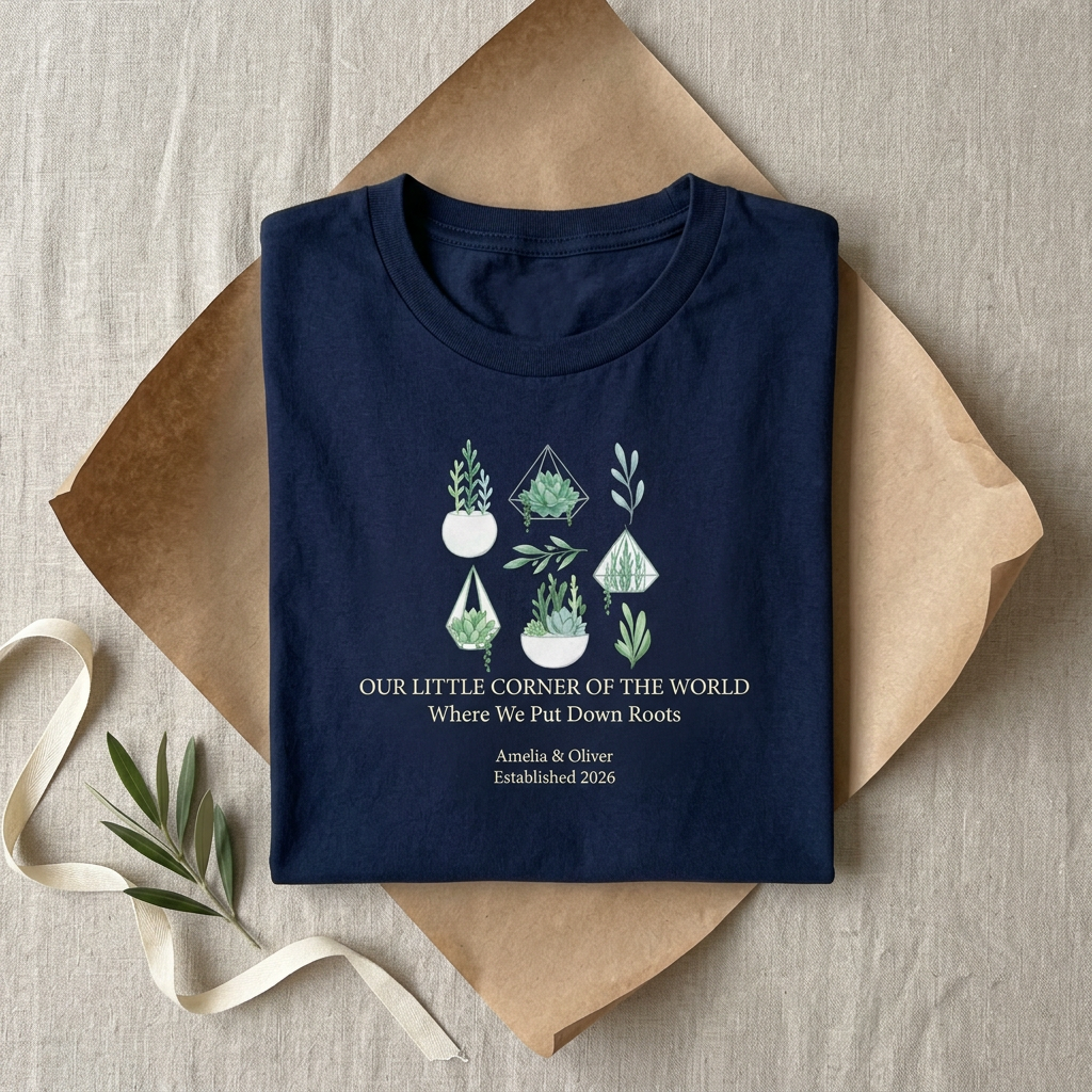 Navy t-shirt with green succulent and plant illustration and “Our First Home” text